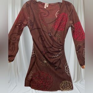 Sweet Pea Vintage Y2K Bohemian Stretch Mesh crossover 3/4 sleeve Blouse Sz M EC